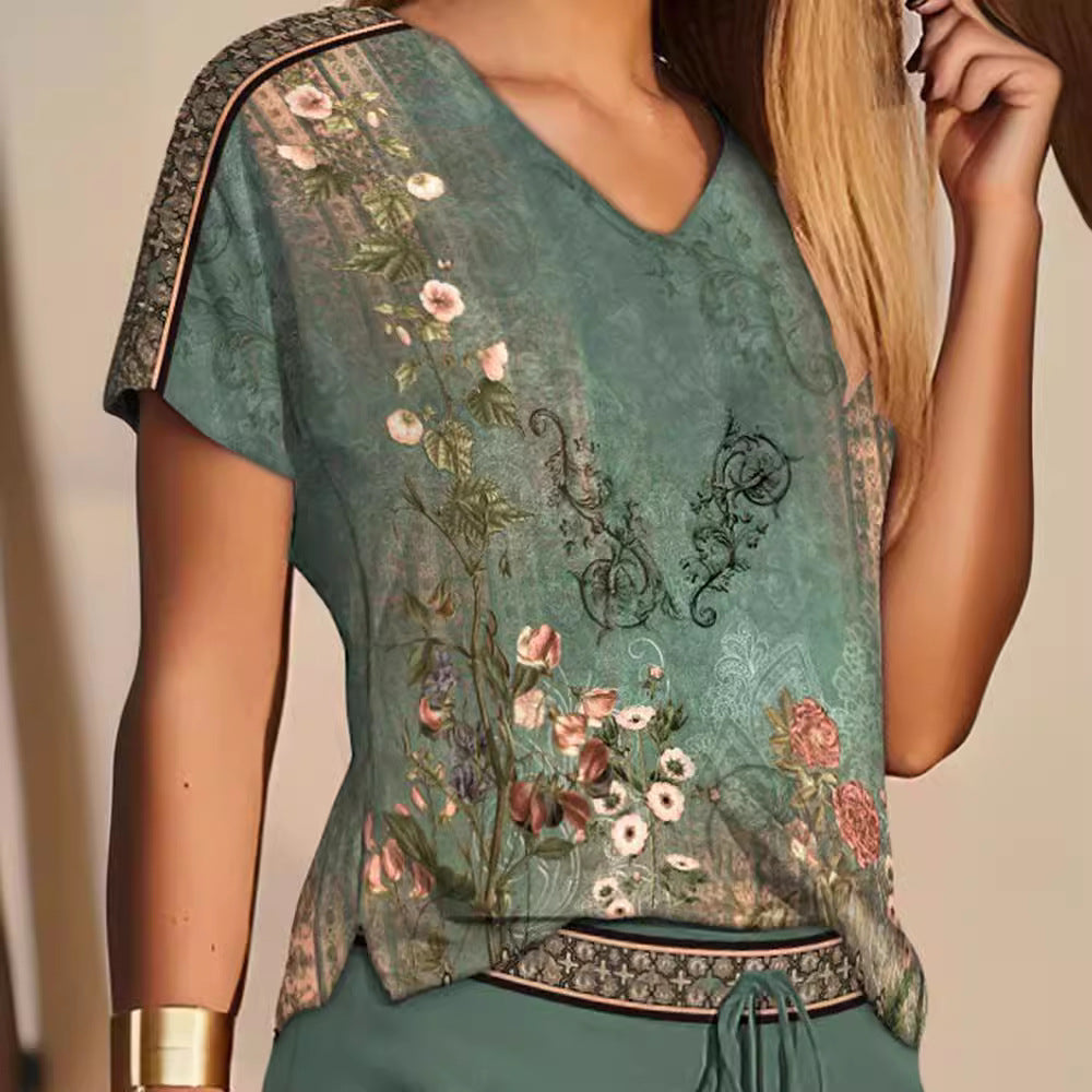 Green Flower Print Two-piece Set