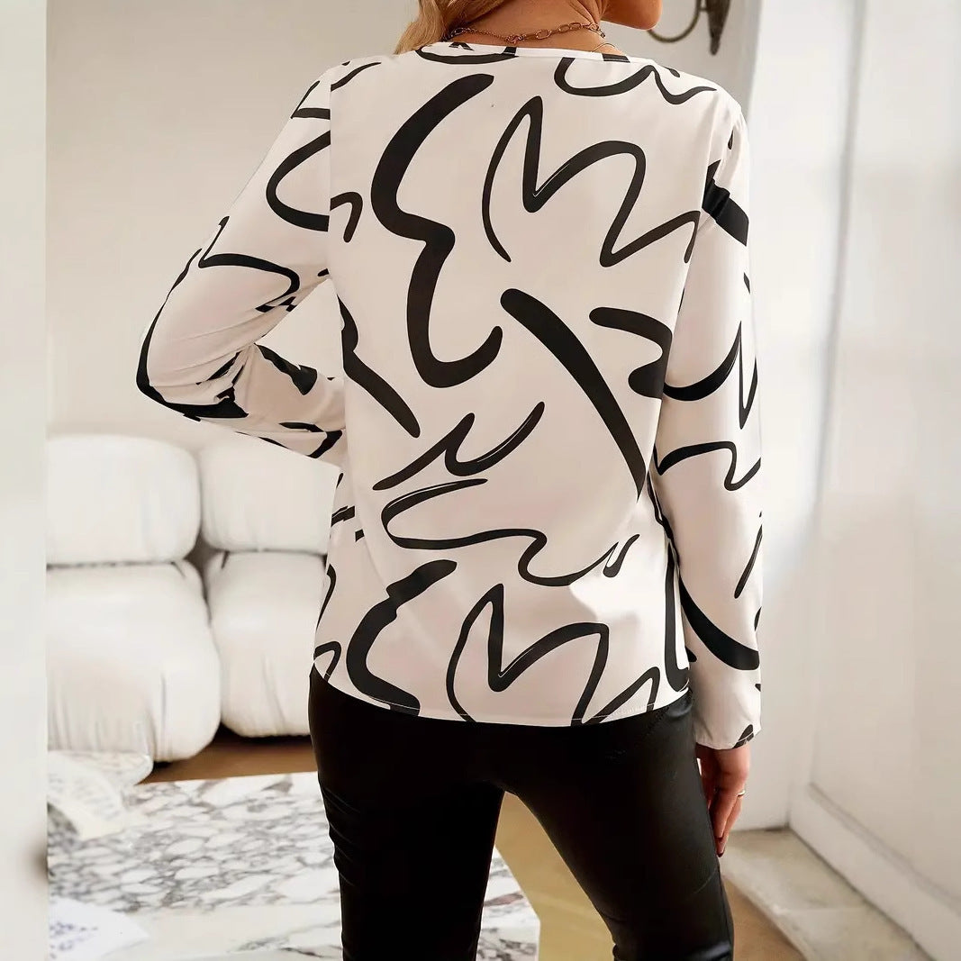 Long-sleeved Printed V-neck