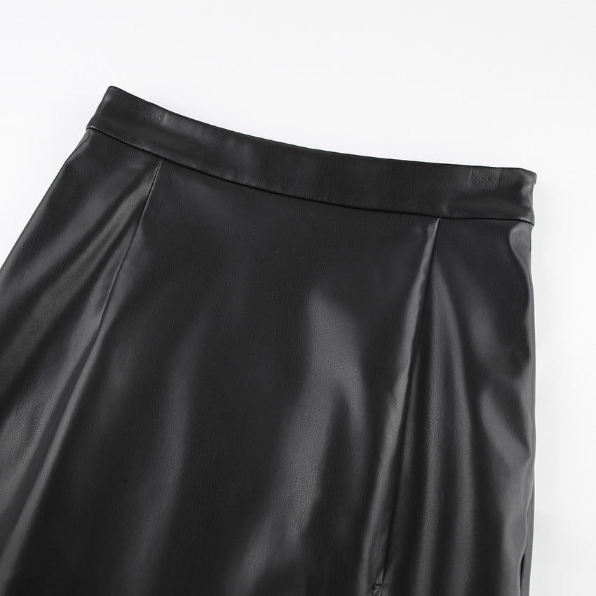 Slit Leather Mid Length Skirt