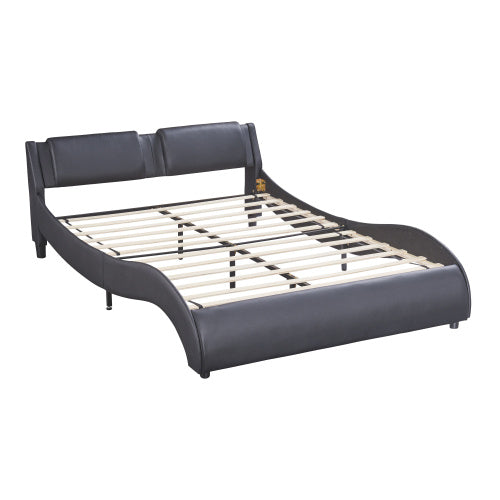 Queen Size Upholstered Faux Leather Platform Bed With LED Lights