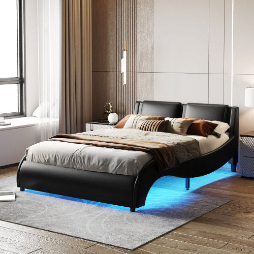 Queen Size Upholstered Faux Leather Platform Bed With LED Lights