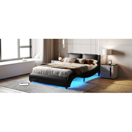 Queen Size Upholstered Faux Leather Platform Bed With LED Lights