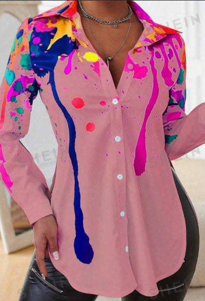 Ink-Splash Side Slit Long Sleeve Shirt