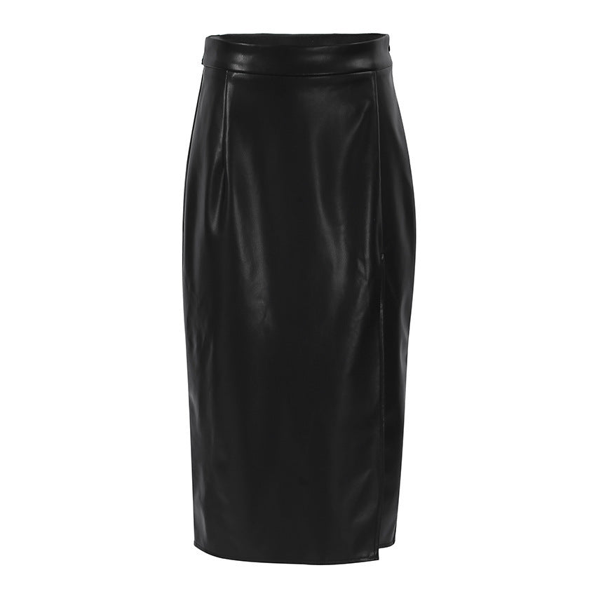 Slit Leather Mid Length Skirt