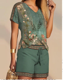 Green Flower Print Two-piece Set