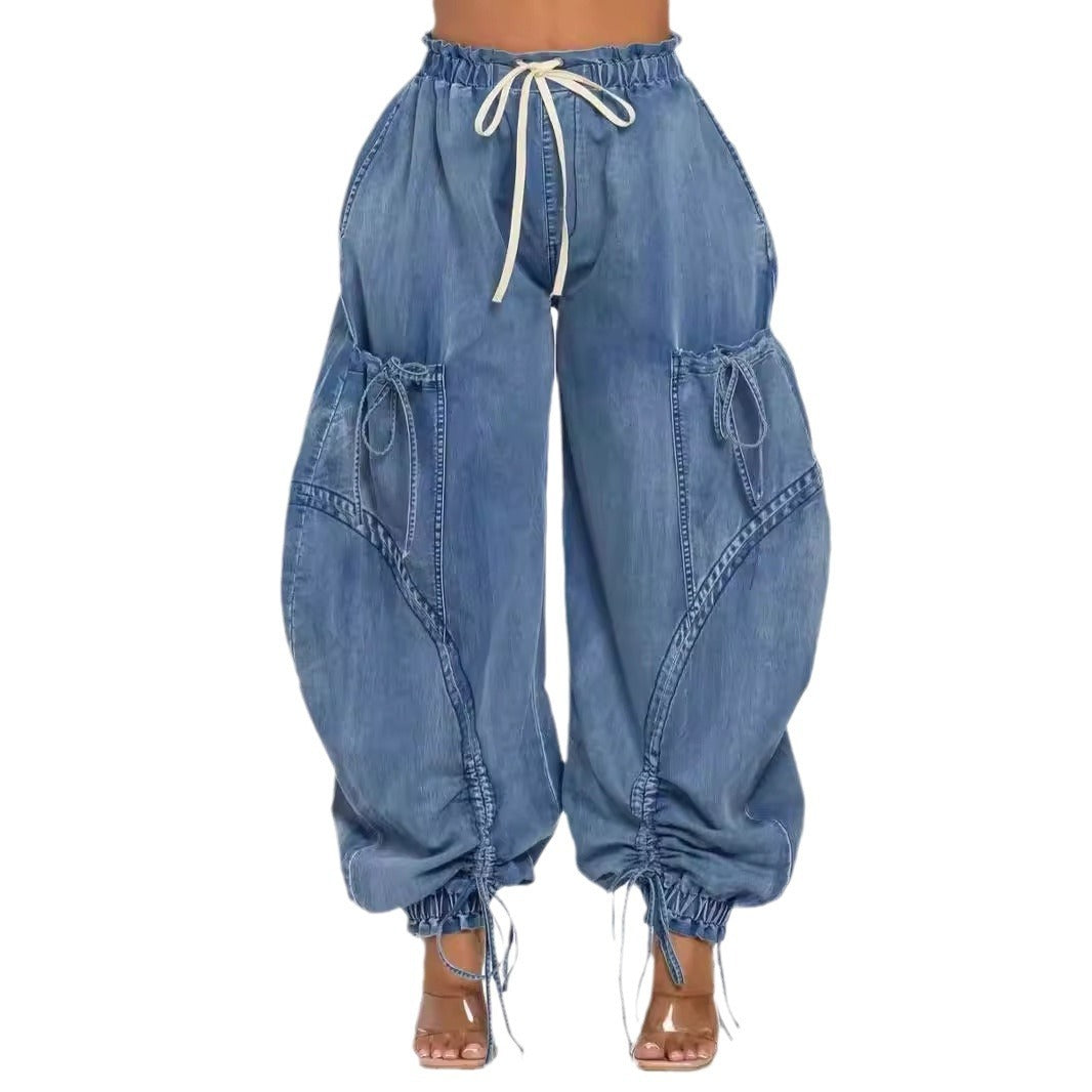 Adjustable Drawstring Lace-up Jeans