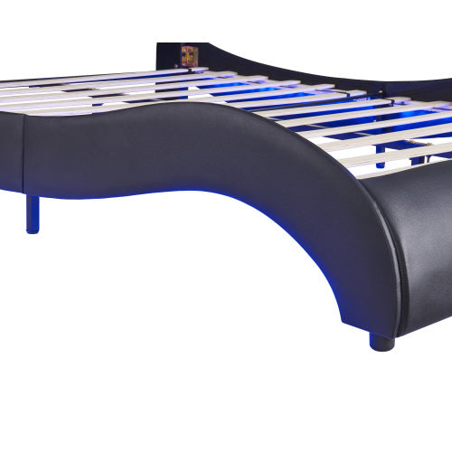 Queen Size Upholstered Faux Leather Platform Bed With LED Lights
