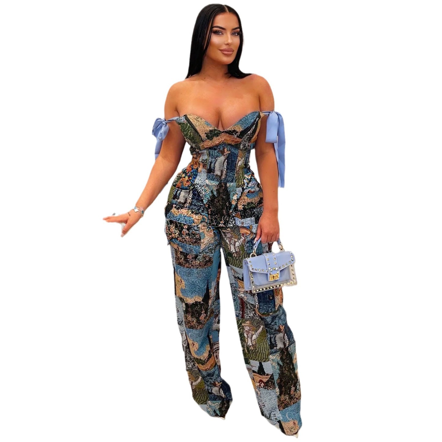 Printed Oil Painting Multi-pocket Pants Suit