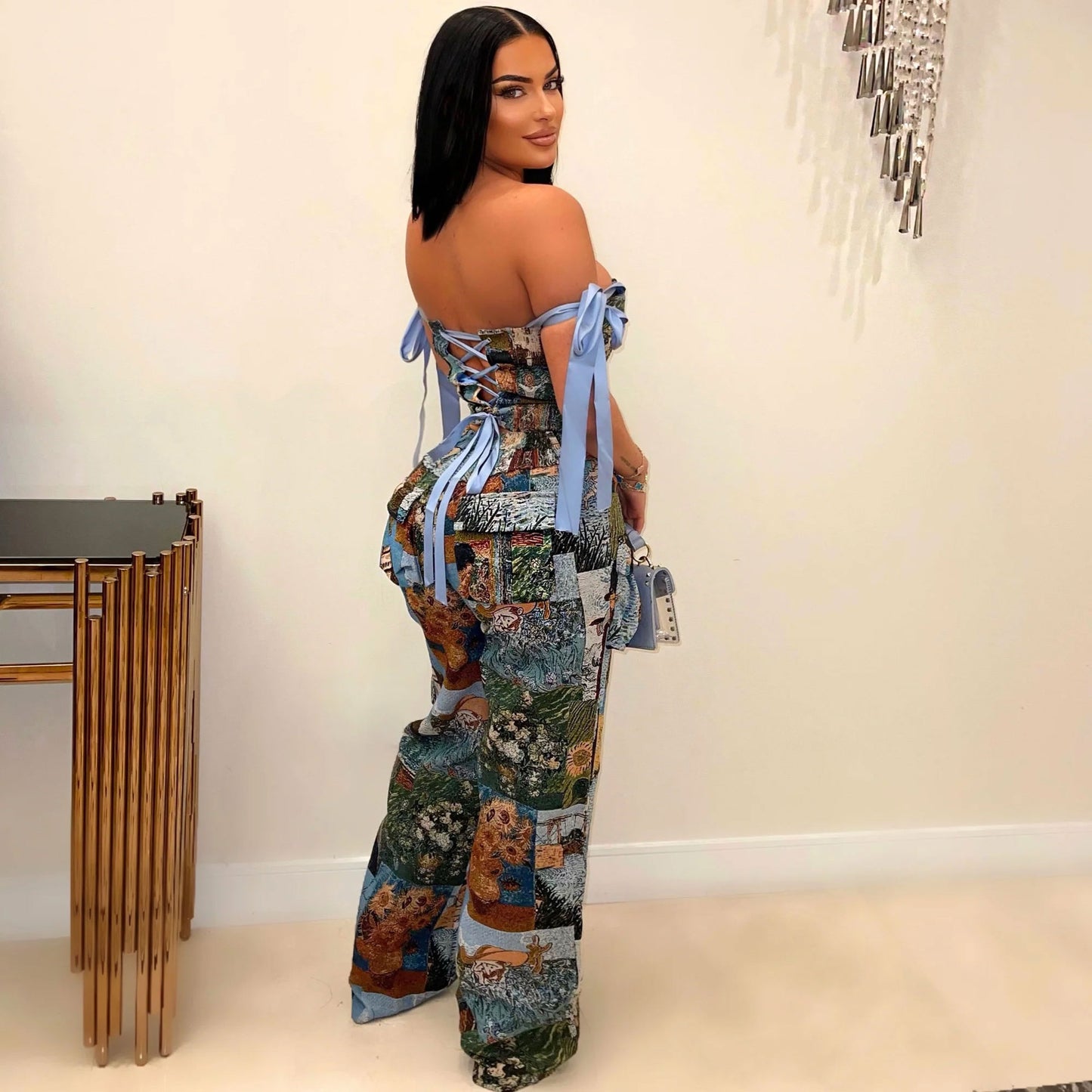 Printed Oil Painting Multi-pocket Pants Suit