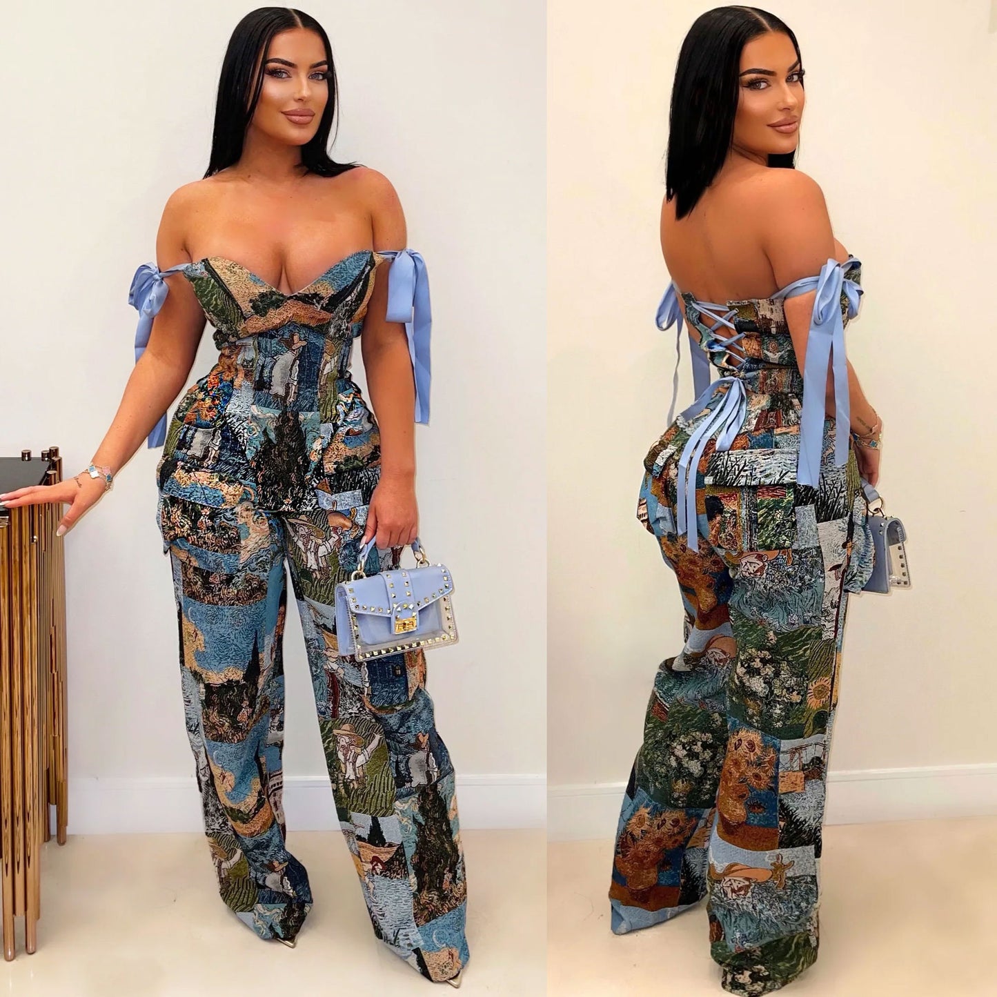 Printed Oil Painting Multi-pocket Pants Suit