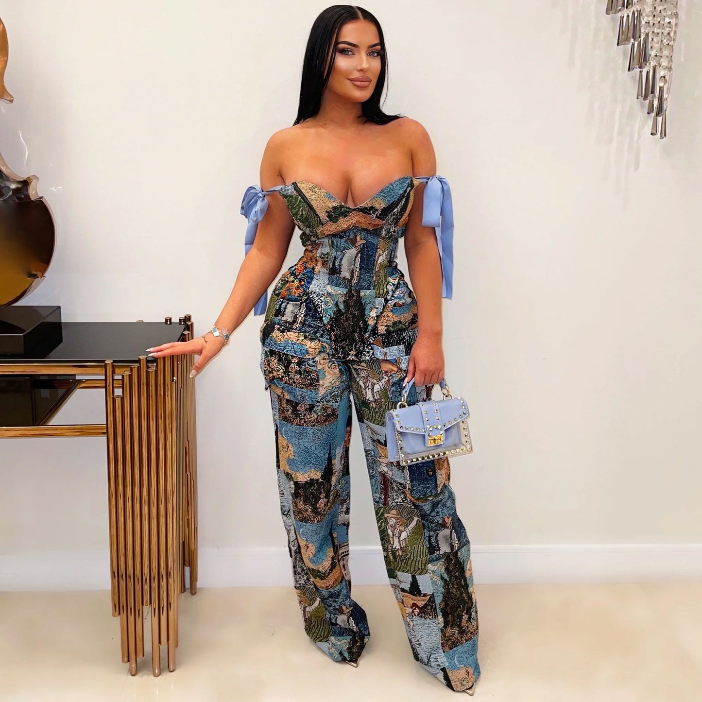 Printed Oil Painting Multi-pocket Pants Suit