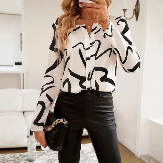 Long-sleeved Printed V-neck