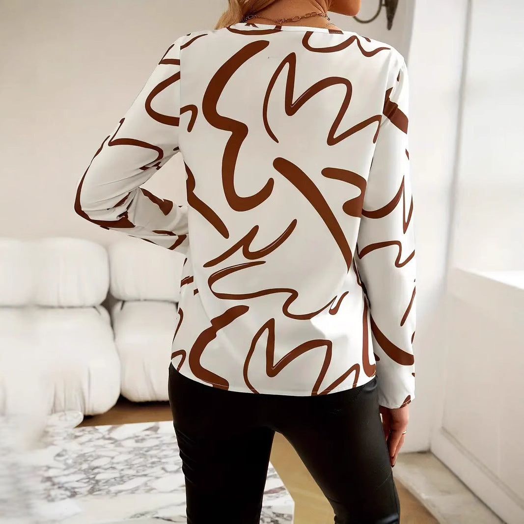 Long-sleeved Printed V-neck
