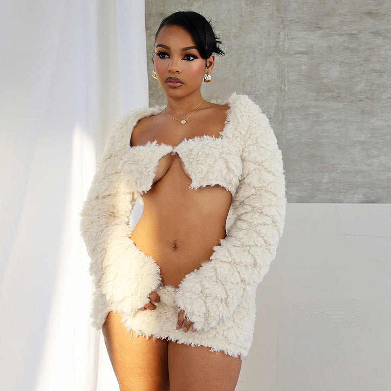 Wrapped Furry Coat Skirt Outfit