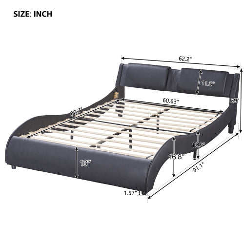 Queen Size Upholstered Faux Leather Platform Bed With LED Lights