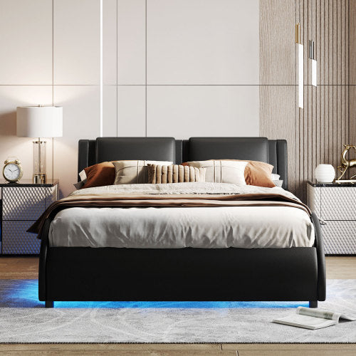 Queen Size Upholstered Faux Leather Platform Bed With LED Lights