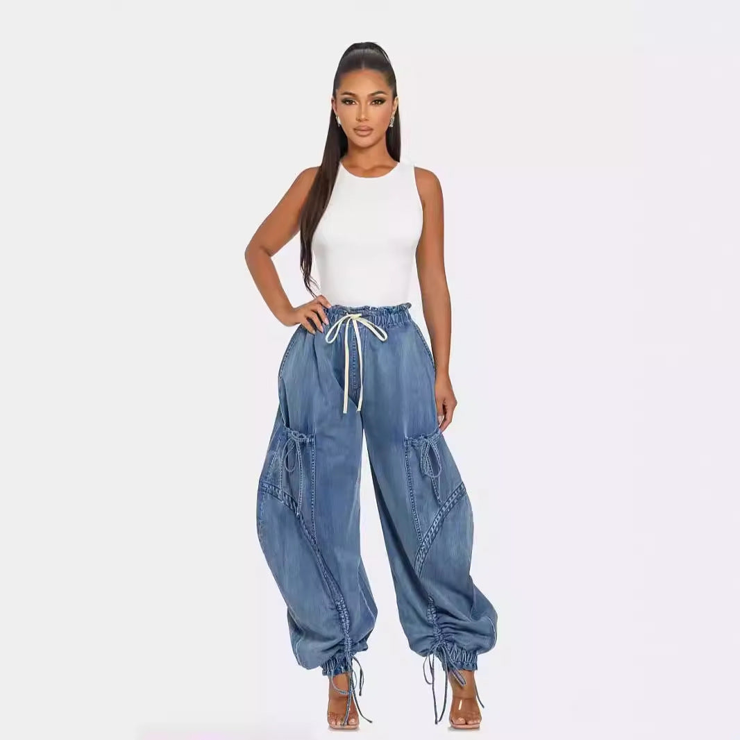 Adjustable Drawstring Lace-up Jeans