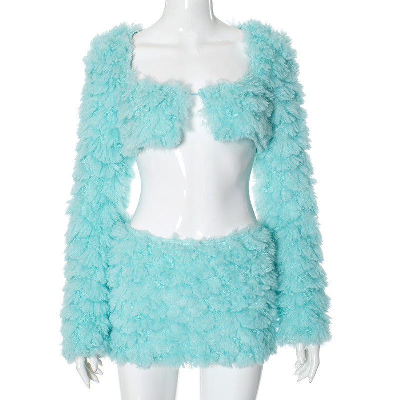 Wrapped Furry Coat Skirt Outfit