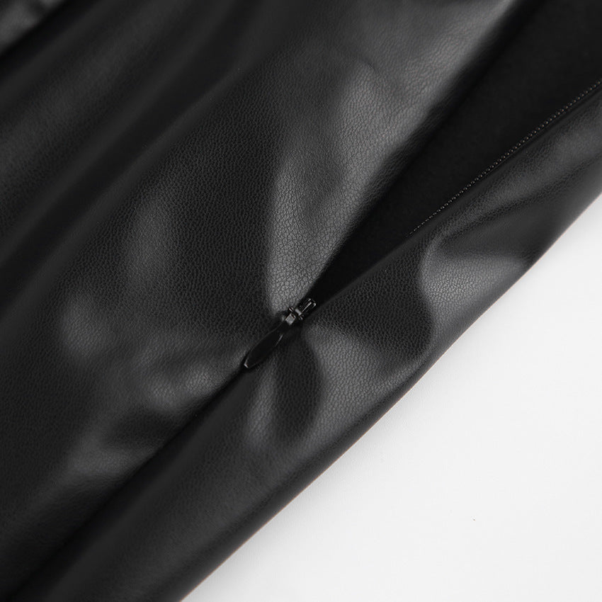 Slit Leather Mid Length Skirt